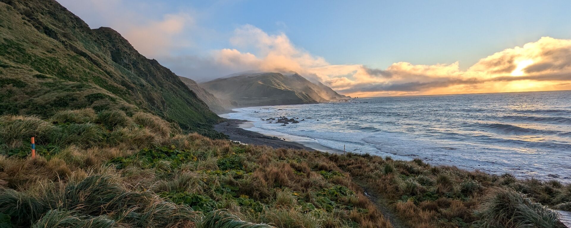 View of sun-tinged clouds in the distance and a tussocky hill and ocean