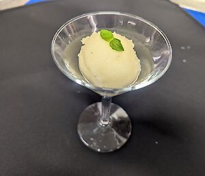 A scoop of pale lemon and basil sorbet served in a martini glass, garnished with two fresh basil leaves as a refreshing palate cleanser.