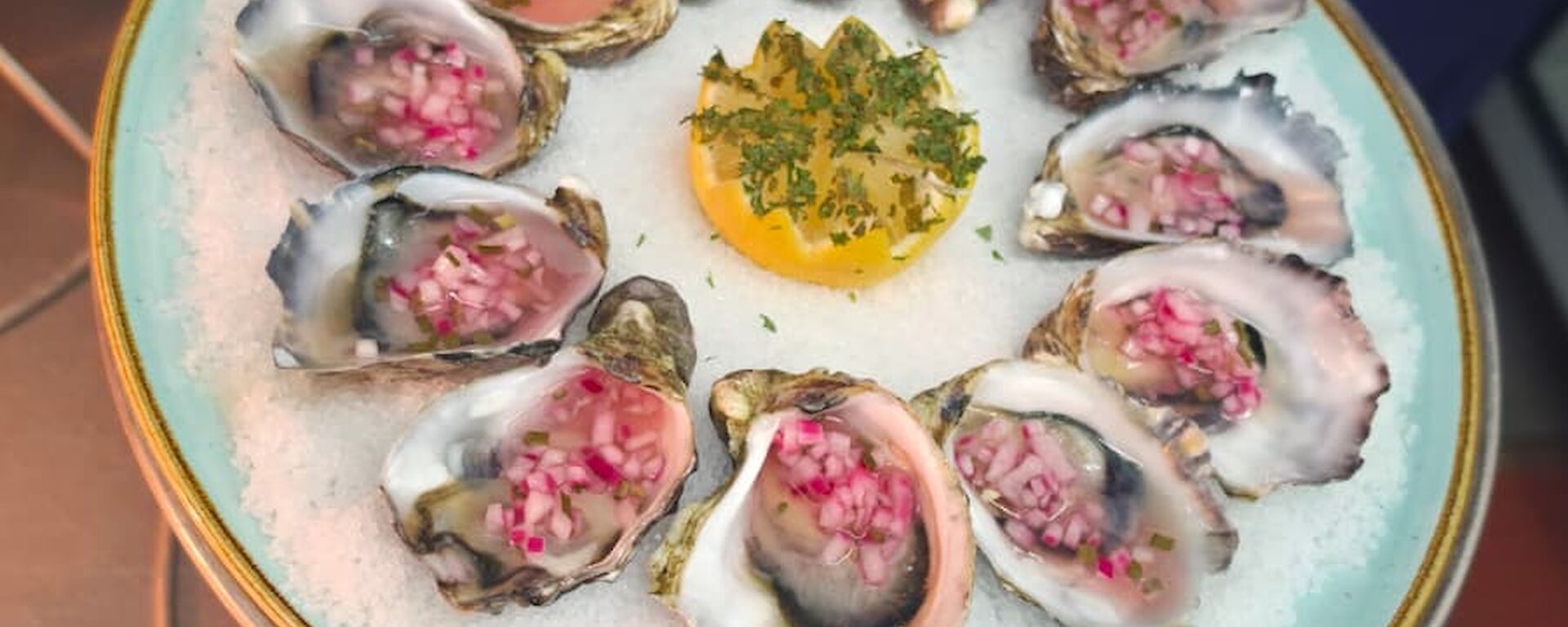 Oysters with a vinaigrette on a plate of salt
