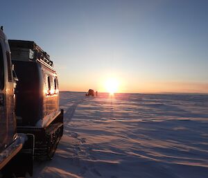Two Haggs on the sea ice, with the sun setting on the horizon