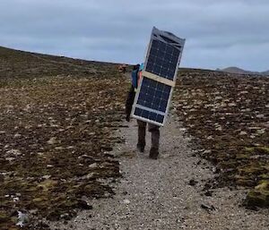 An expeditioner at Macquarie Island, walking on a track while wearing a pack that has a large solar panel mounted on it.