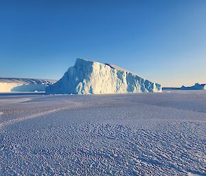 an iceberg jutting out from the sea ice, with ice cliffs in the background