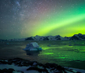 A vivid green aurora over icebergs and water