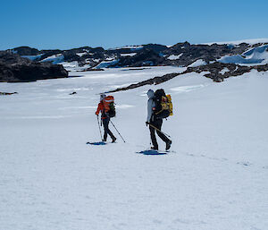 Expeditioners carrying packs and walking poles hike across a snowy landscape