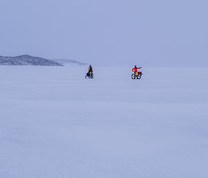 Two expeditioners on bikes ride across sea ice under a blue sky