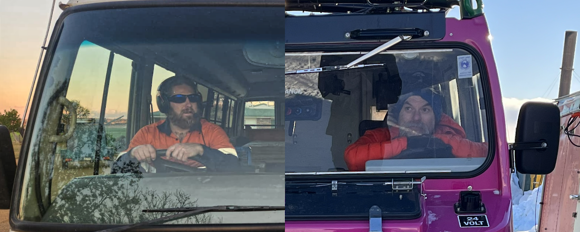 A split image that on one side shows a man in orange high visibility clothing driving a white bus under a sunset, and cu to look like the other half of the same vehicle is a man in an orange puffer jacket driving a purple Hagglunds vehicle
