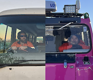 A split image that on one side shows a man in orange high visibility clothing driving a white bus under a sunset, and cu to look like the other half of the same vehicle is a man in an orange puffer jacket driving a purple Hagglunds vehicle