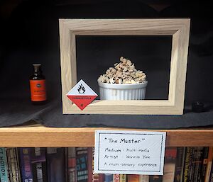 A small bowl of popcorn sits inside a frame