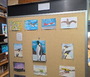 A series of watercolour pictures are displayed on a light brown board