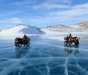 two quad bikes being driven on deep blue ice