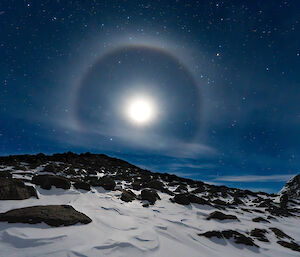 A photo of a night's bright moon with a halo, at Colbeck Hut