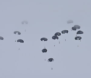Black parachutes floating down in a white sky