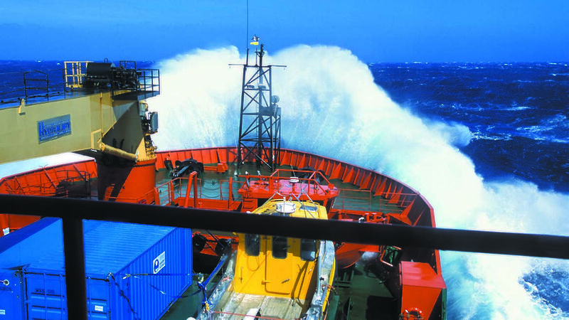 Bow of the Aurora Australis hitting heavy seas