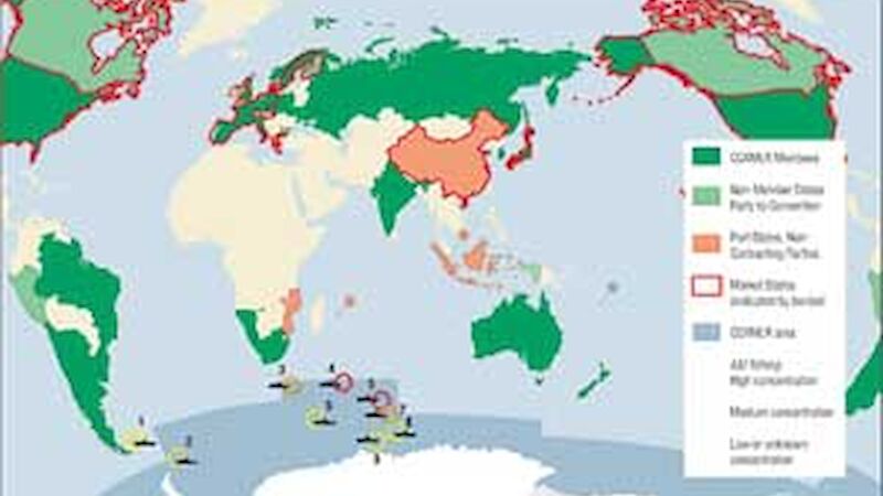 Map highlighting the different states involved in toothfish fisheries in the Southern Ocean