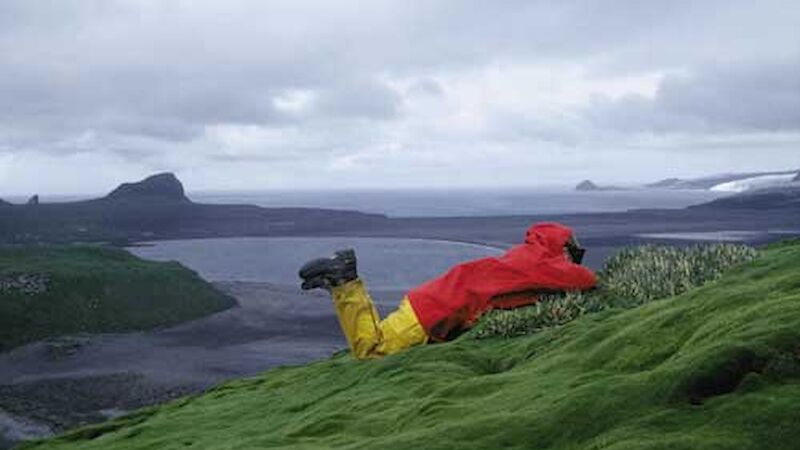 Expeditioner laying on the ground, counting insects on Heard Island