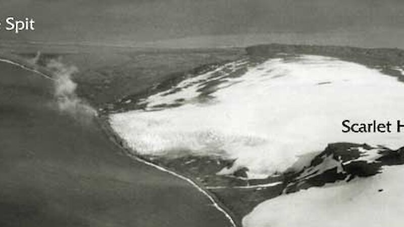 The northeastern terminus of the Stephenson Glacier in December 1947, indicating The Spit on the left, and Scarlet Hill on the right