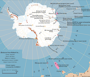 Map showing the distance from Hobart to the various Antarctic and subantarctic stations of the AAD
