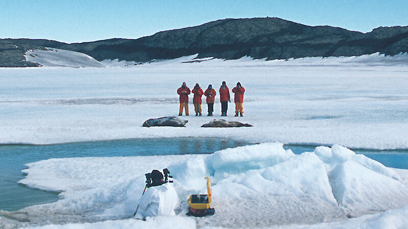ANARE expeditioners take part in experiments to measure the responses of breeding Weddell seals to human visitation