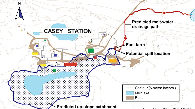 Map detailing predictions of the path of an oil spill for Casey station