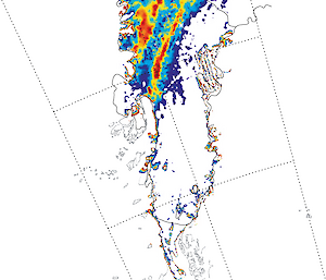 Figure 2: Diagram detailing the thickness (in metres) of accreted marine ice underneath the Amery Ice Shelf