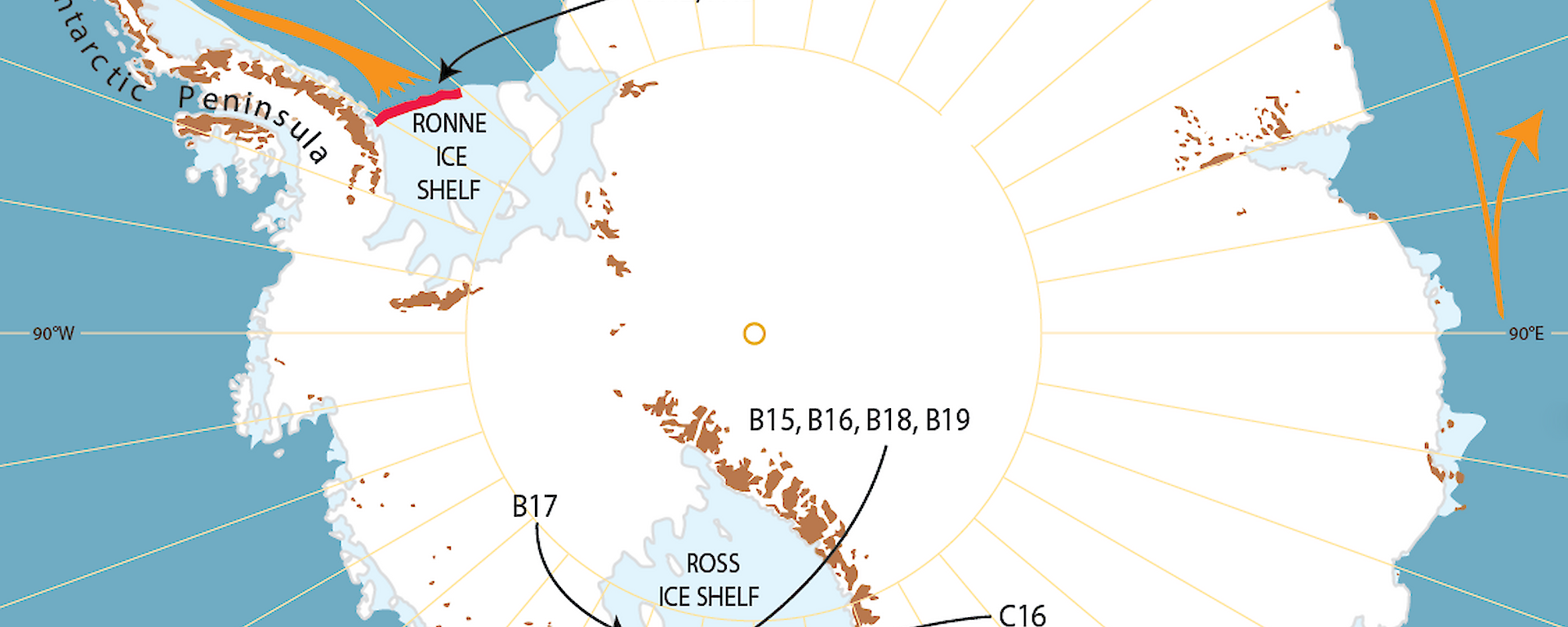 Map of Antarctica showing sections that calved in 2000 from the fronts of Ross Ice Shelf and Ronne Ice Shelf