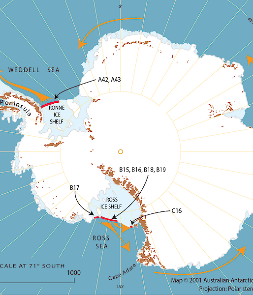 Map of Antarctica showing sections that calved in 2000 from the fronts of Ross Ice Shelf and Ronne Ice Shelf