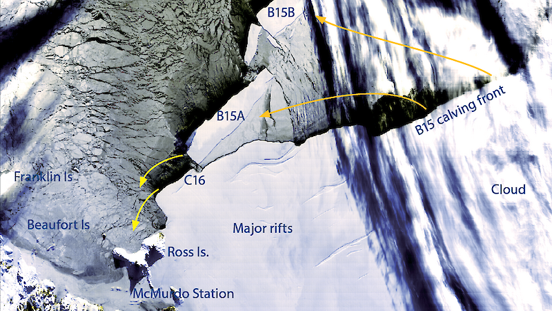 A satellite image of the Ross Sea and Ross Ice Shelf acquired by satellite