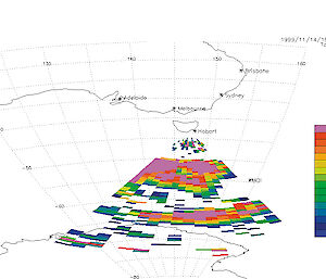 A radar sweep, showing the radar footprint and the sixteen beams