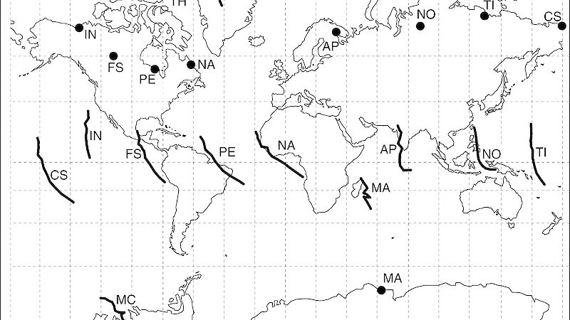 Map detailing the location and viewing directions of the Space Ship Earth network of neutron monitors