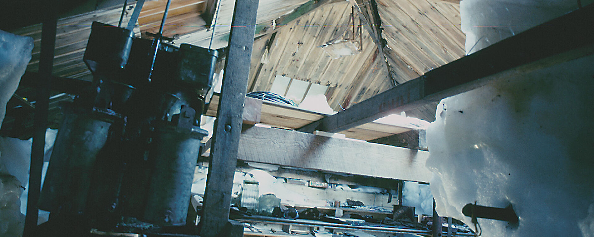 Interior of the main hut showing ice accumulation