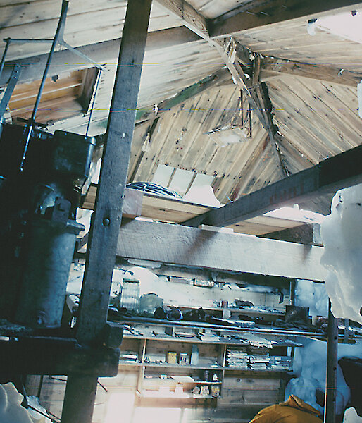 Interior of the main hut showing ice accumulation