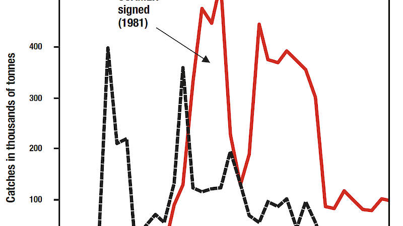 Graph of Antarctic catches (in thousands of tonnes) of fish and krill, by year