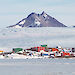 View of Mawson station buildings with Frammes Mountains behind