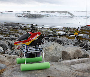The first UAV, based on a remote controlled helicopter with a camera, at Robinson Ridge in 2010.