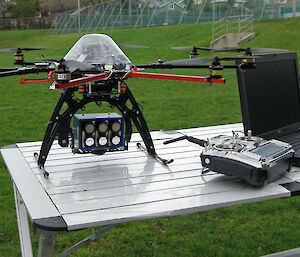 The more stable eight-rotor OktoKopter, mounted with a six-band multispectral camera.