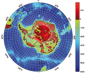 Southern Ocean bathymetry and Antarctic bedrock topography overlain with the model.