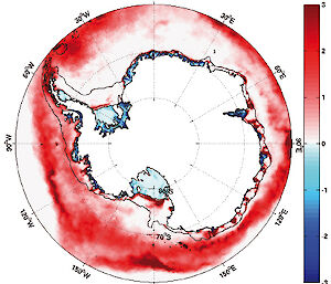 Mid-winter snapshot of the surface ice growth rate (metres per year), where red is ice growth.