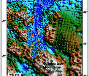A map of the subglacial Gamburtsev Mountains and bedrock geology produced from a 2002–03 geophysical survey.
