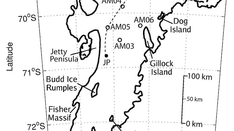 Location of the six Amery Ice Shelf Ocean Research borehole sites on the Amery Ice Shelf