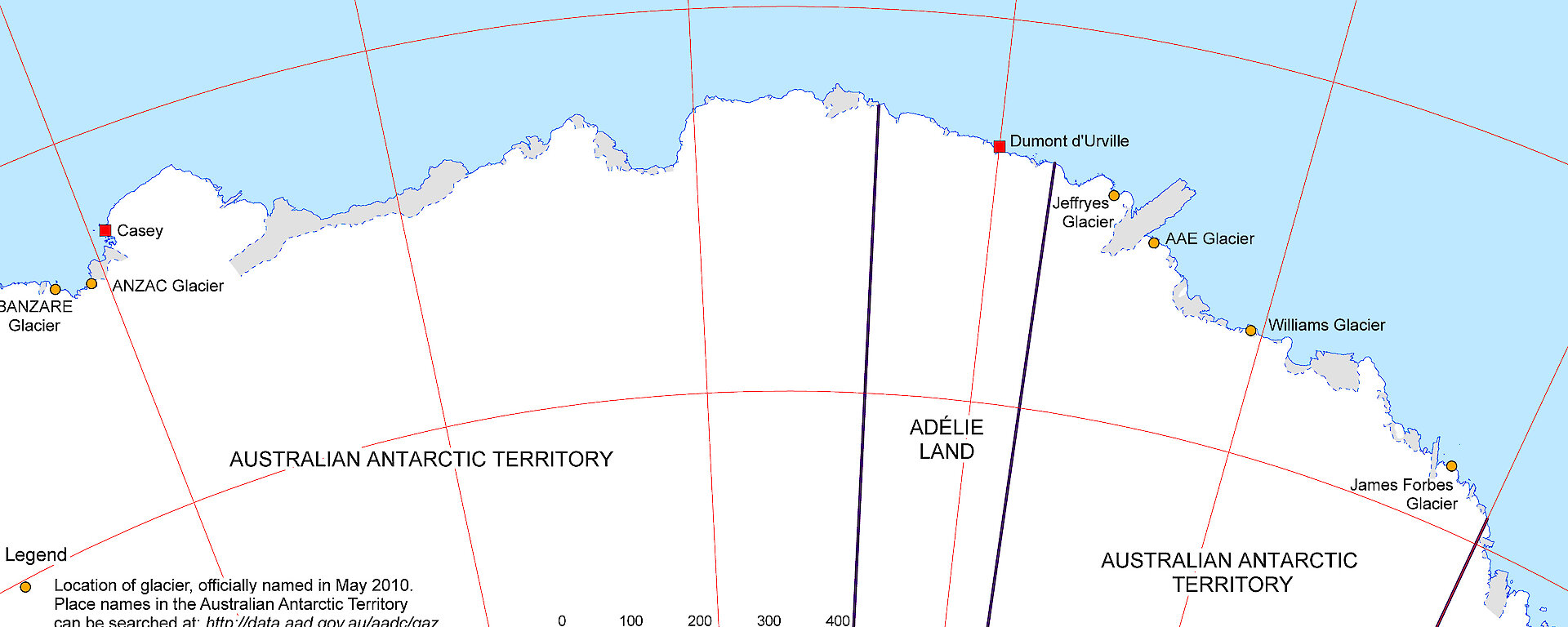 Map of Antarctic glaciers named in 2010.