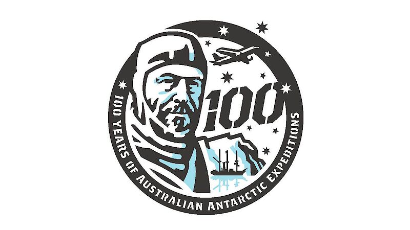 Centenary logo showing an illustration of Douglas Mawson, a plane, and a ship with the words “100 Years of Antarctic Expeditions”