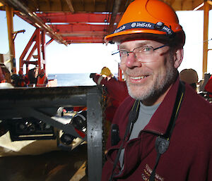 Dr Andrew Constable on the trawl deck of the Aurora Australis