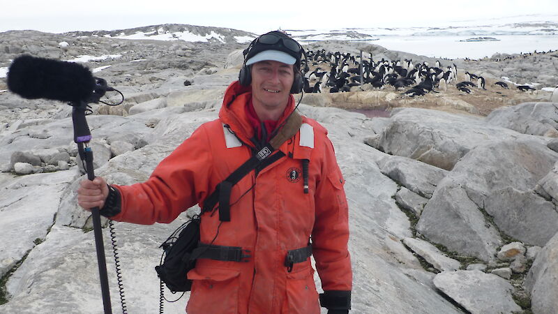 Mark with his microphone at the Shirley Island Adelie penguin breeding colony, near Casey.