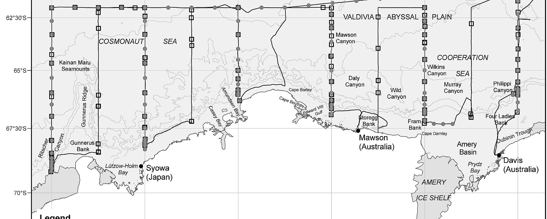 Map of the BROKE-West survey region of CCAMLR Division 58.4.2, between 30 and 80°E.