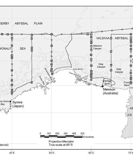 Map of the BROKE-West survey region of CCAMLR Division 58.4.2, between 30 and 80°E.