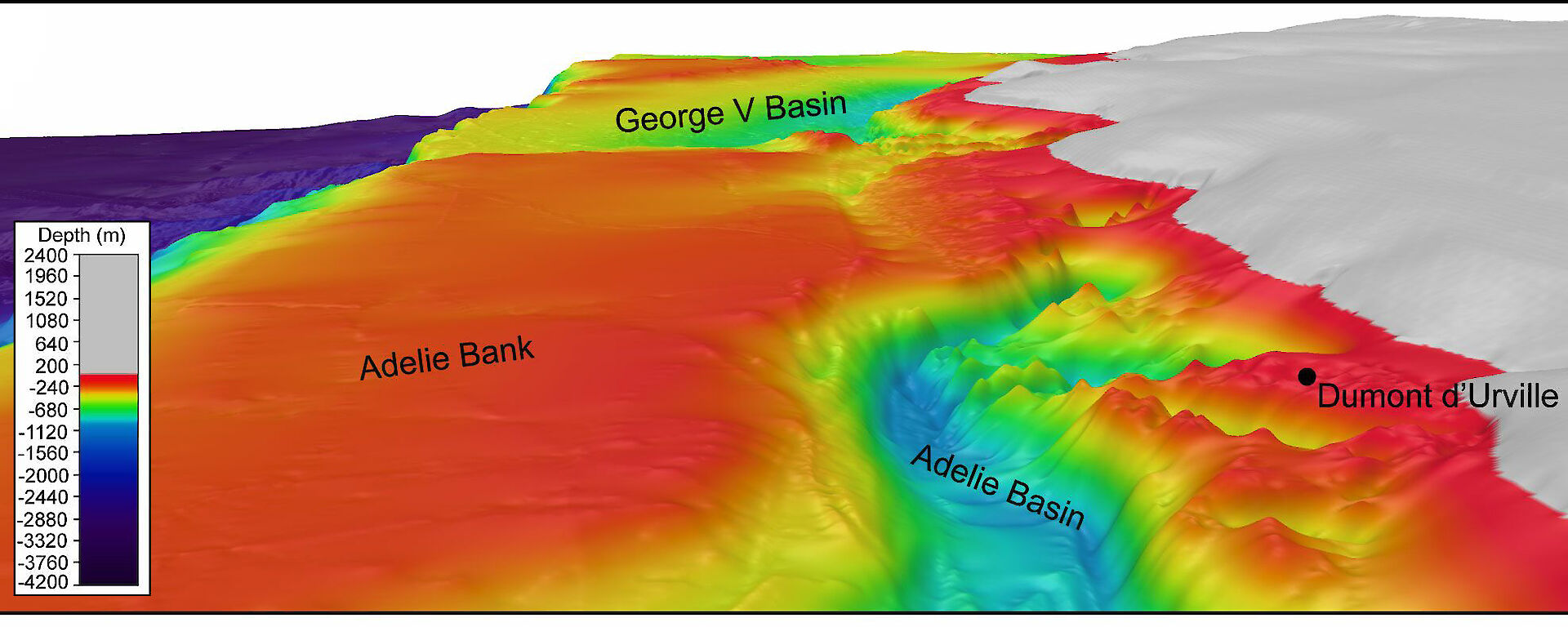 Oblique view across the George V Shelf through the deep Adélie Basin, across the rugged nearshore depressions and shallow Adélie Bank. The Adélie Basin is one of the deep basins carved out by ice streams during previous glaciations.