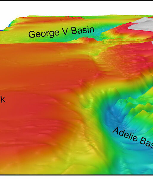 Oblique view across the George V Shelf through the deep Adélie Basin, across the rugged nearshore depressions and shallow Adélie Bank. The Adélie Basin is one of the deep basins carved out by ice streams during previous glaciations.