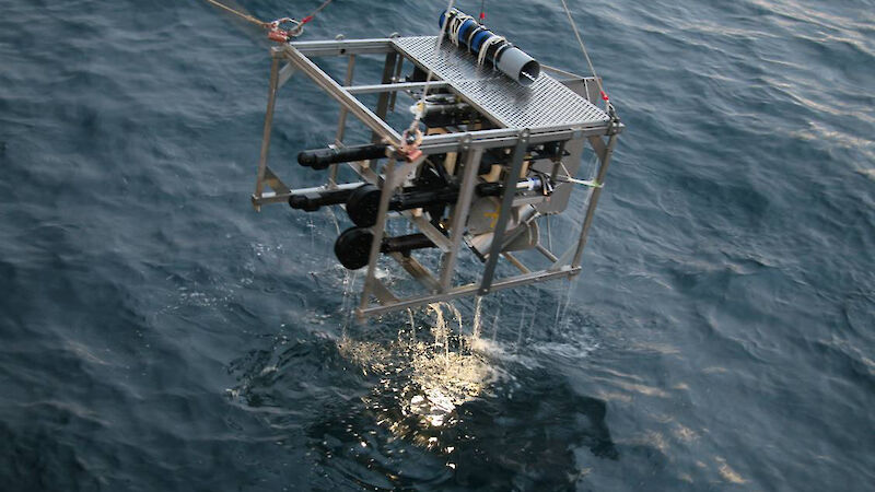 The Autonomous Video Plankton Recorder deployed in its stainless steel frame with cameras, lights and associated sensors.