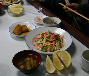 Dinner on the Umitaka Maru — chirashi sushi (vinegared rice with pieces of vegetable, raw fish, and thin strips of egg)