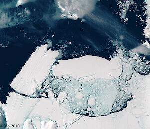 Satellite image of iceberg hitting Mertz Glacier tongue, resulting in a new iceberg